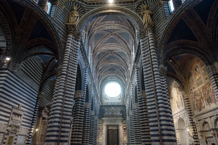 gray concrete cathedral interior near hallway, dom, siena, columnar HD wallpaper