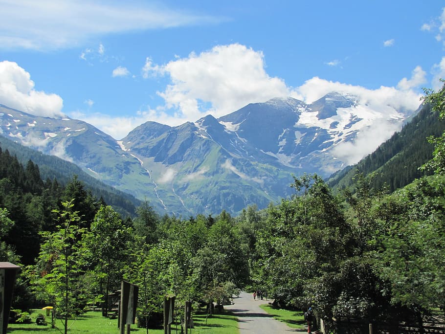austria, mountains, sky, blue, clouds, landscape, trees, nature HD wallpaper