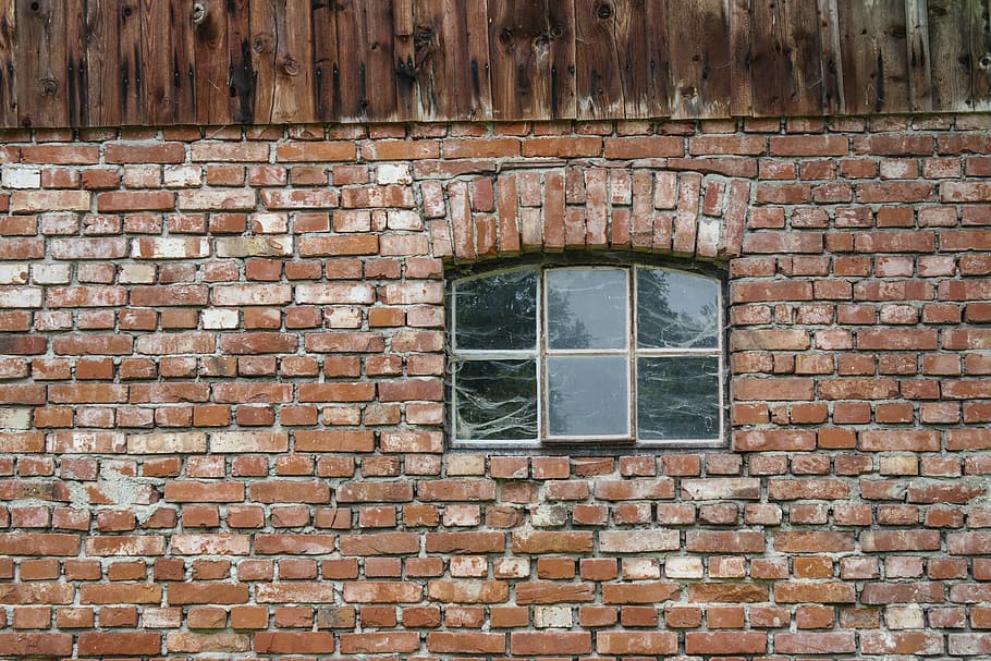 closed window, wall, brick, glass, reflection, cuilding, web