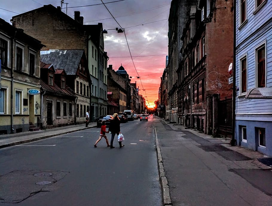 riga, latvia, baltic states, sunset, road, street, urban Scene HD wallpaper
