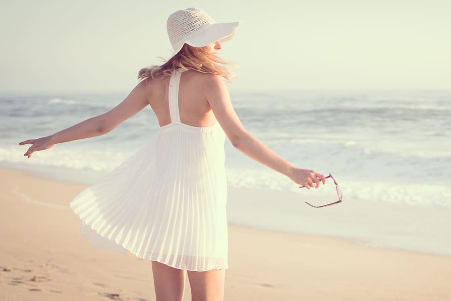 Woman wearing hat and summer dress, people, beach, fashion, girl