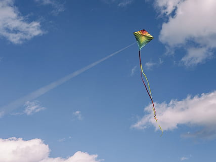 green and yellow kite on air, green and yellow kite under blue cloudy sky HD wallpaper