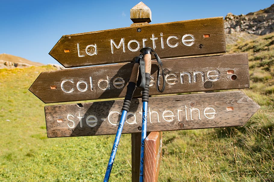 hiking, stick, mountain, road, direction, signpost, sky, timber panel HD wallpaper
