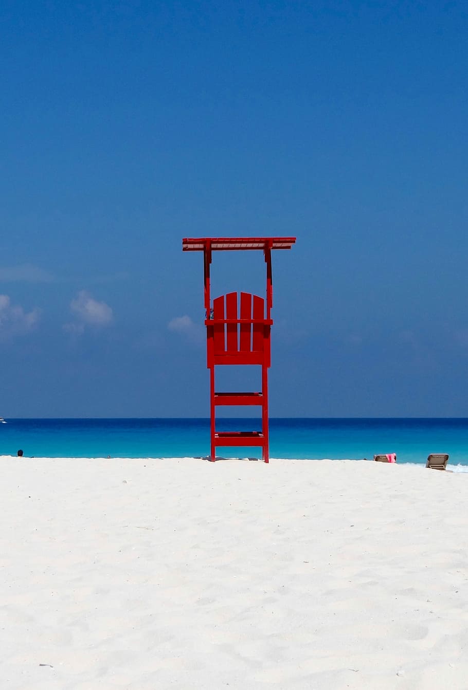 Beach, Sea, Cancun, Sand, Caribbean, edge of the sea, sky, lifeguard hut HD wallpaper