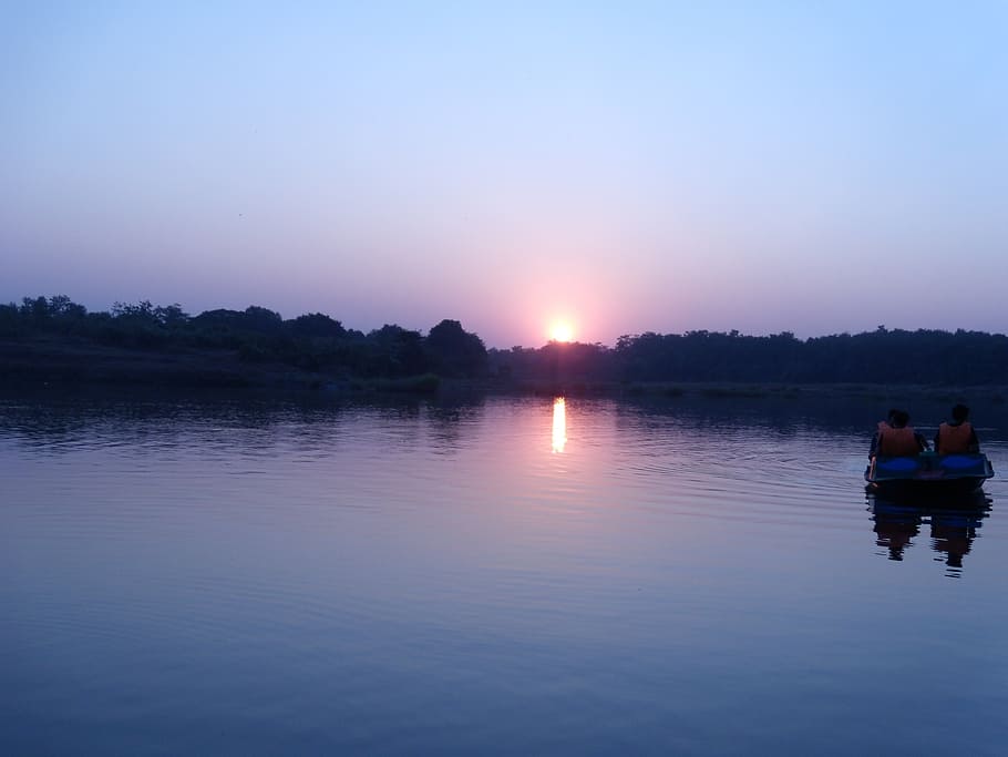 river, sunset, boat, boating, dusk, evening, reflection, scenic HD wallpaper