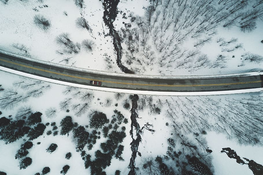 aerial, trees, snow, path, road, lane, mountain, highlands HD wallpaper