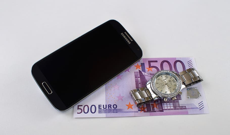 mobile phone, money, modern, device, banknotes, bills, cash, euro HD wallpaper