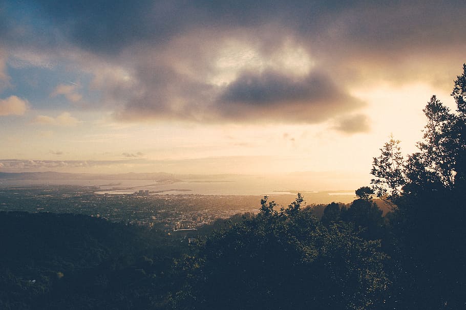 sunset, sky, clouds, aerial, view, landscape, nature, trees HD wallpaper