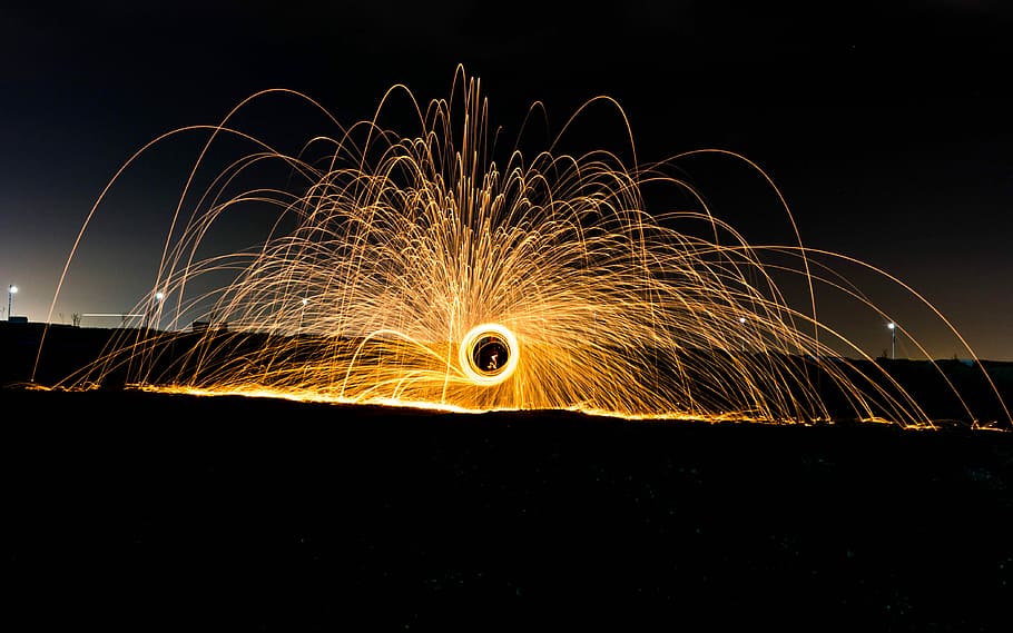 steel wool photography, light, night, yellow, black, long exposure HD wallpaper