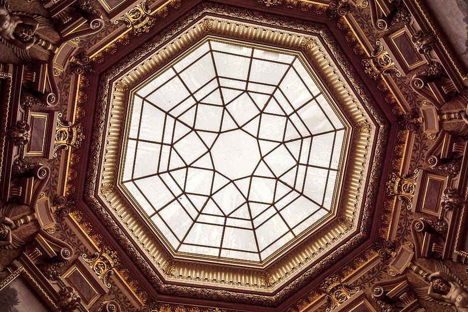 museum interior, worm's-eye view photo of white and brown ceiling HD wallpaper