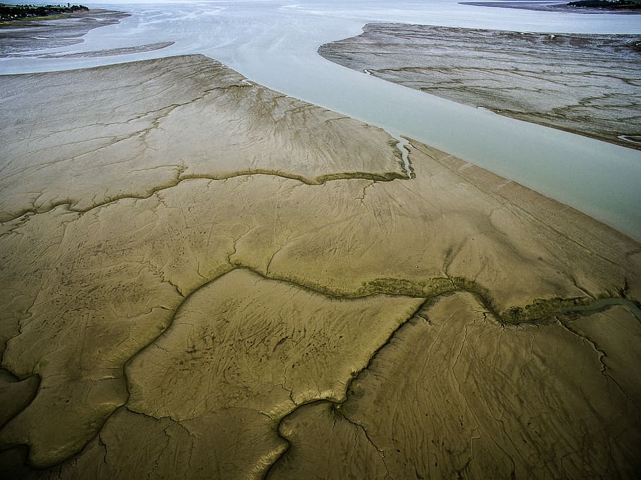 aerial photo of brown islands, aerial photography of desert near body of water HD wallpaper