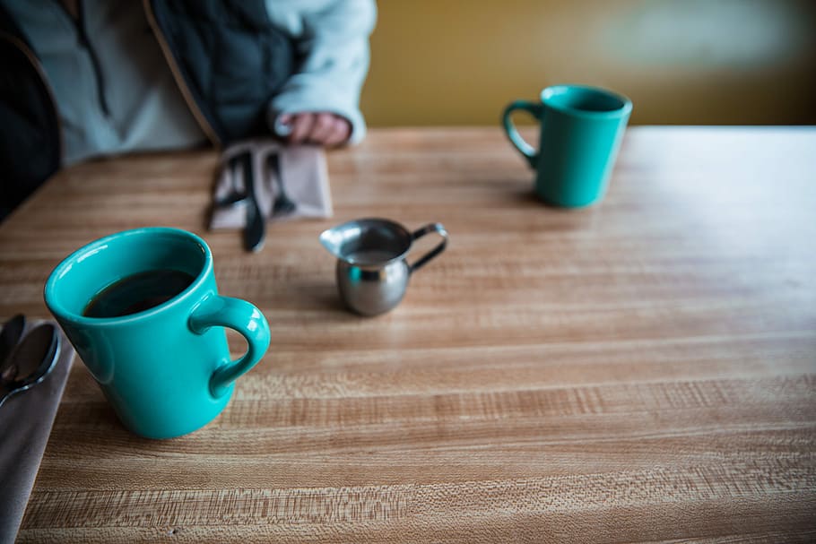 teal ceramic mug on table, untitled, cup, coffee, drink, indoors HD wallpaper