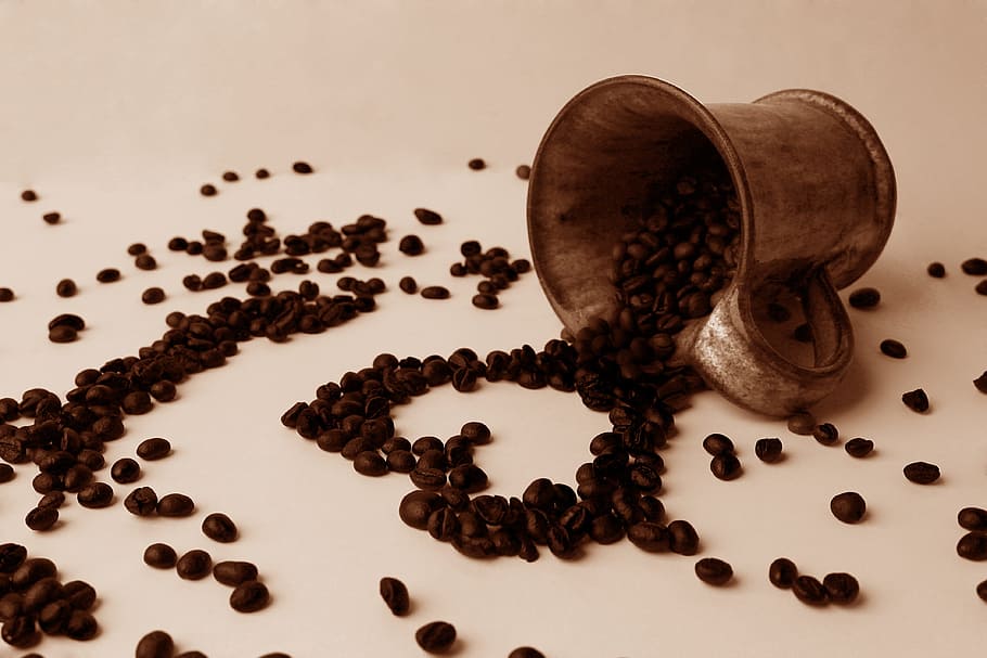 coffee beans on table, grain, heart, cup, love, studio shot HD wallpaper