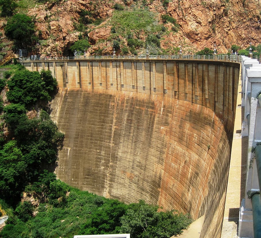 Wall, Dam, Tall, Strong, Stained, wide, concrete, railing, greenery HD wallpaper
