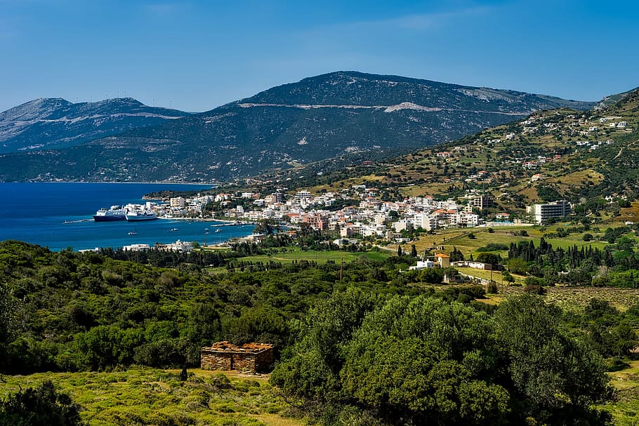 marmari, greece, town, city, landscape, mountains, bay, harbor, HD wallpaper