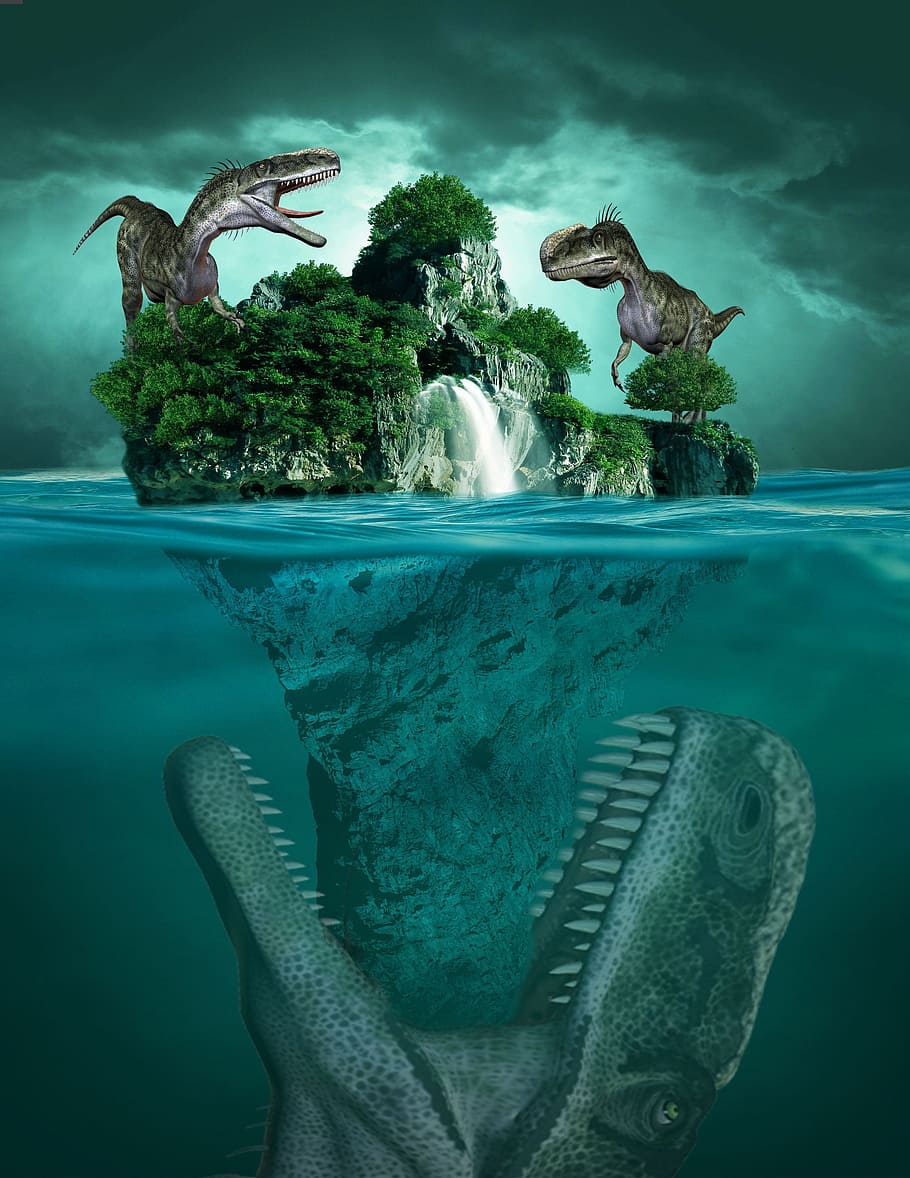 dinosaurs on island illustration, sea, ocean, sky, cloud, water