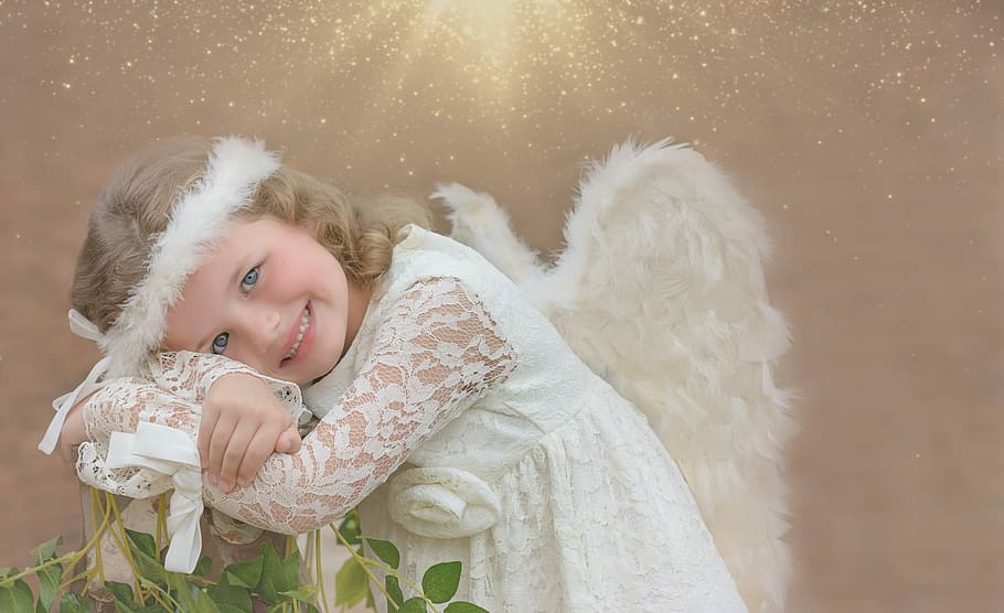 smiling girl wearing angel costume, light, sun, sparkle, angel girl HD wallpaper