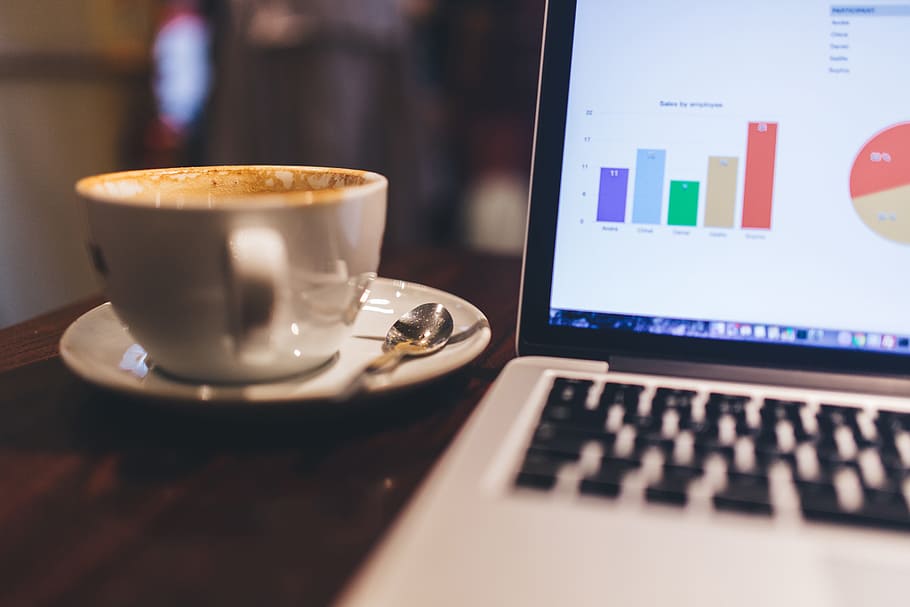 gray and white laptop beside white ceramic mug on saucer, business HD wallpaper