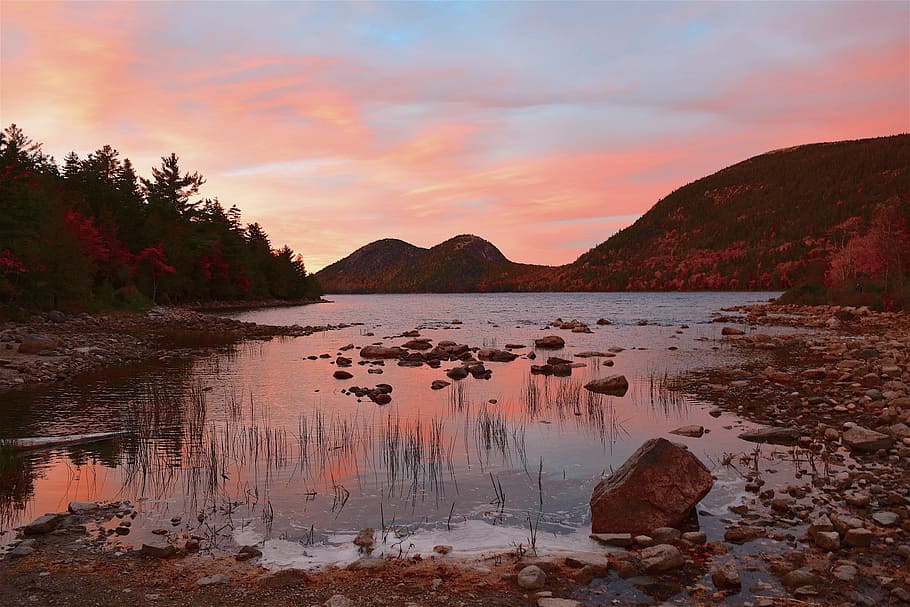 sunset, lake, sky, reflection, water, clouds, dusk, trees, mountain HD wallpaper