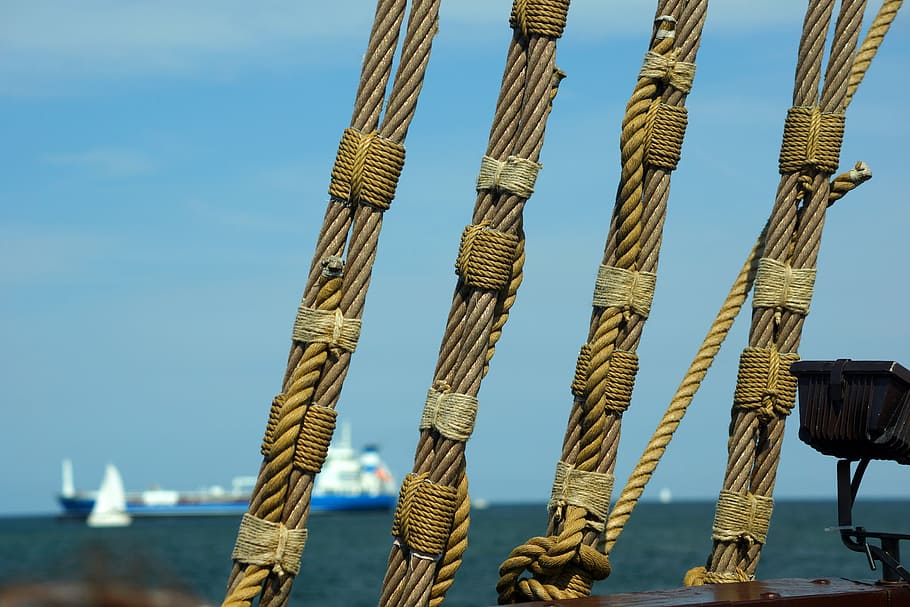 rigging, ropes, cog ship, sailing vessel, dew, cordage, shipping HD wallpaper