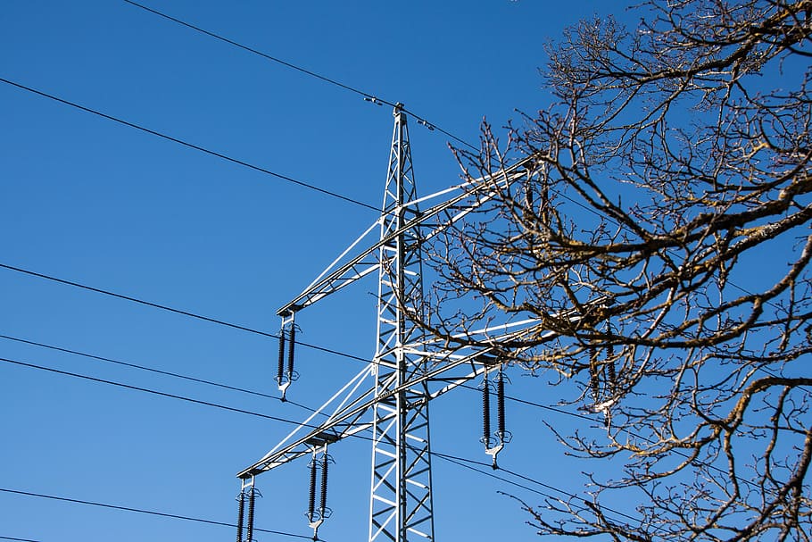 power line, power lines, pylon, strommast, current, cable, power supply HD wallpaper