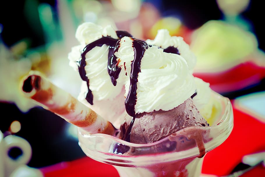 sundae on cup, ice, cream, dessert, sweet, vanilla, chocolate