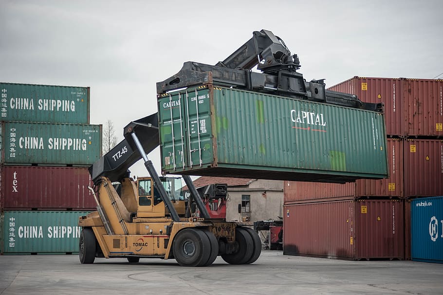 orange equipment lifting intermodal container, construction site HD wallpaper