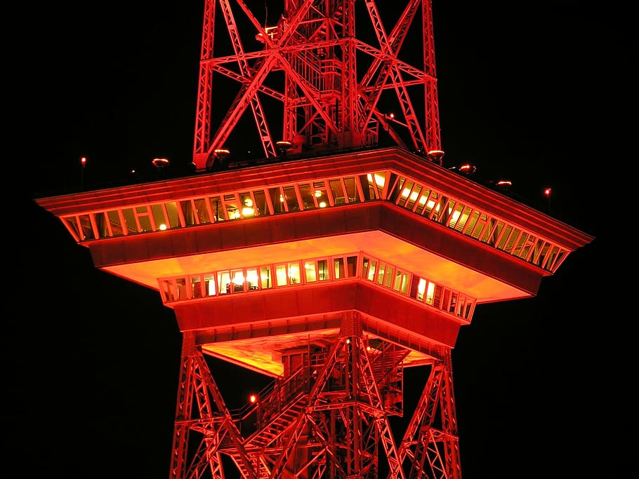 orange metal tower during nighttime, radio tower, berlin, red HD wallpaper