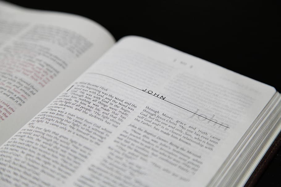 book opened at John page resting on black surface, literature HD wallpaper