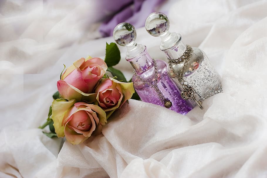 pink roses flowers and two clear glass bottles, purple, white