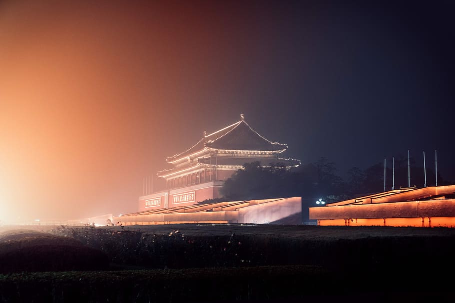 photography of pagoda, brown wooden house during night, building HD wallpaper