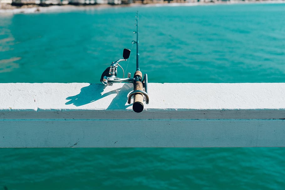 selective focus photography of retractable fishing rod on white lumber