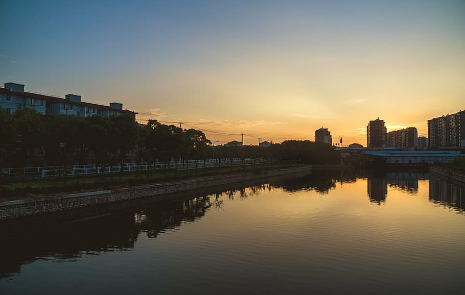 sunset, sky, landscape, sunlight, blue, reflection, environment HD wallpaper