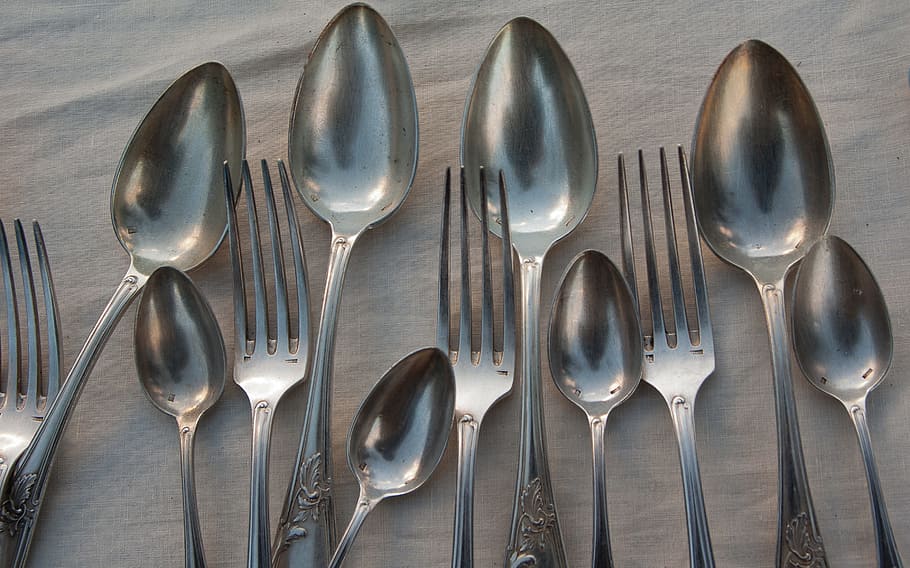 Forks, Spoons, Silverware, Cutlery, kitchen utensil, silver colored HD wallpaper