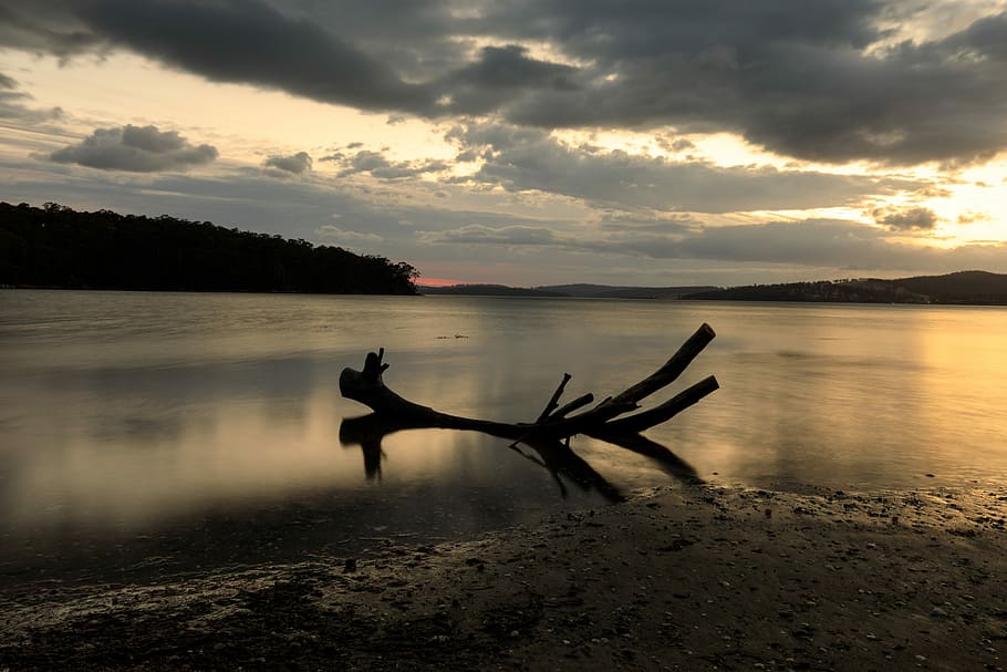 water, sunset, dusk, dawn, outdoors, australia, tasmania, trial HD wallpaper
