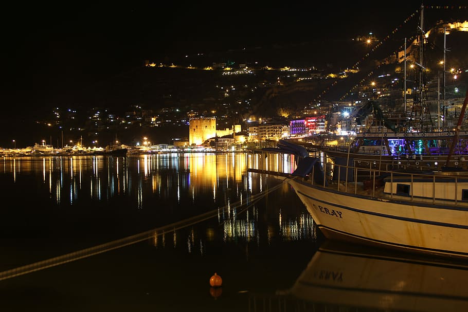 Alanya, Night, Antalya, Turkey, blue, marine, antalya mediterranean, HD wallpaper