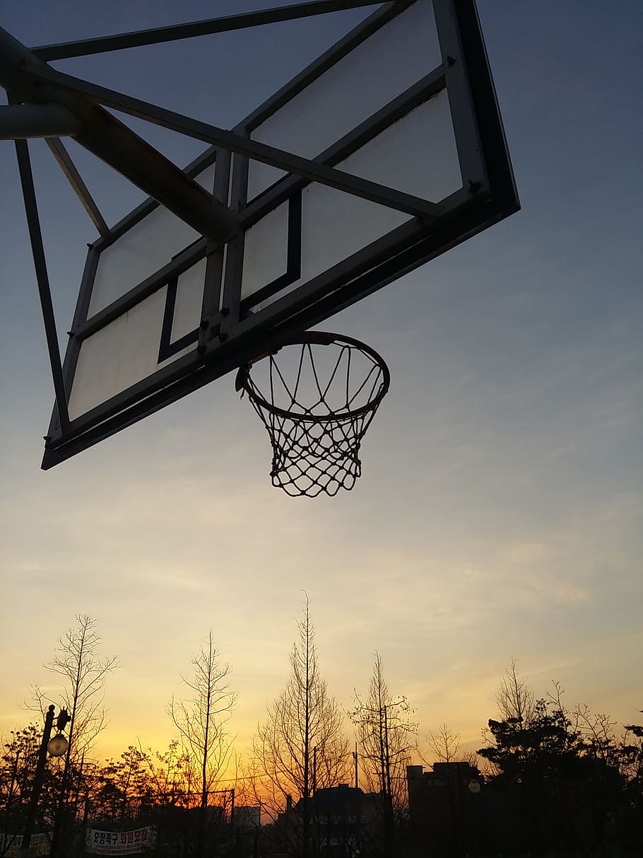 exercise, basketball, goal, rim, sport, sunrise, morning, dawn, HD wallpaper