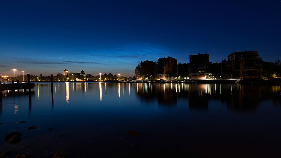 Night, River, Lights, Landscape, blue, reflection, illuminated HD wallpaper