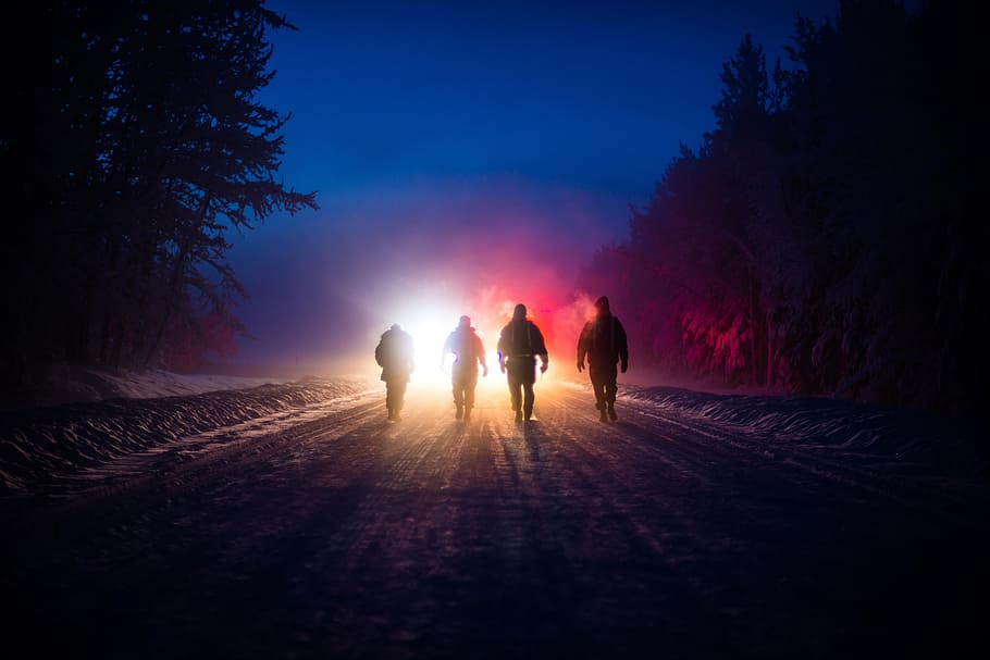 silhouette of 4 persons walking in road, silhouetted, men, backlight HD wallpaper