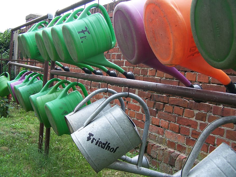 watering can, cemetery, plastic jug, zinc plated, casting, day, HD wallpaper