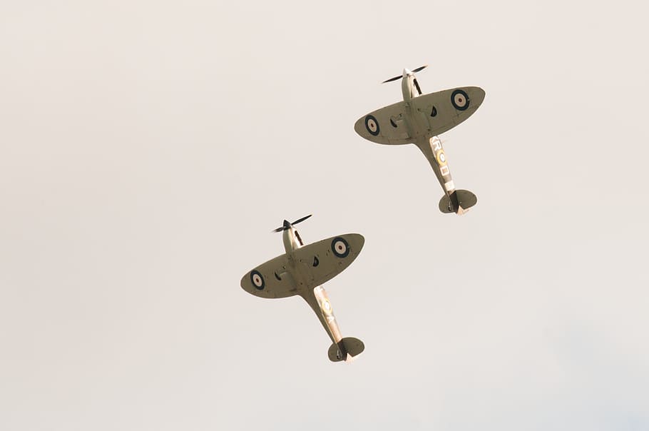 two biplanes performing in sky, spitfire, spitfire duo, airshow, HD wallpaper