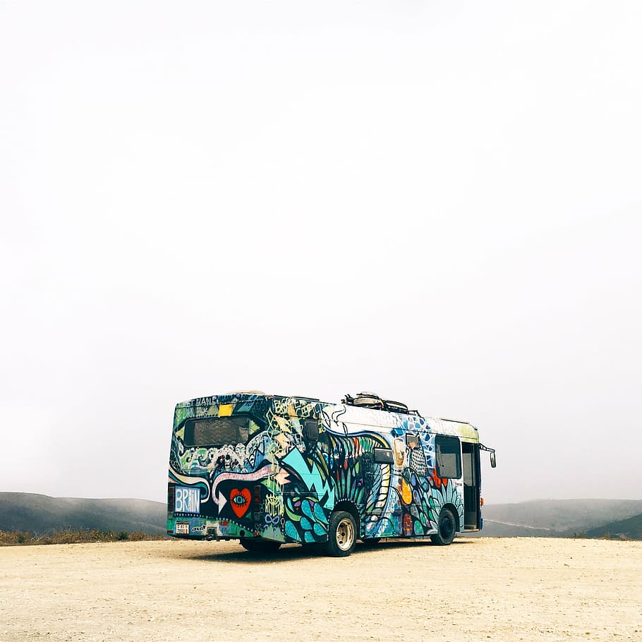 multicolored bus on road, vehicle, tranportation, travel, adventure, HD wallpaper