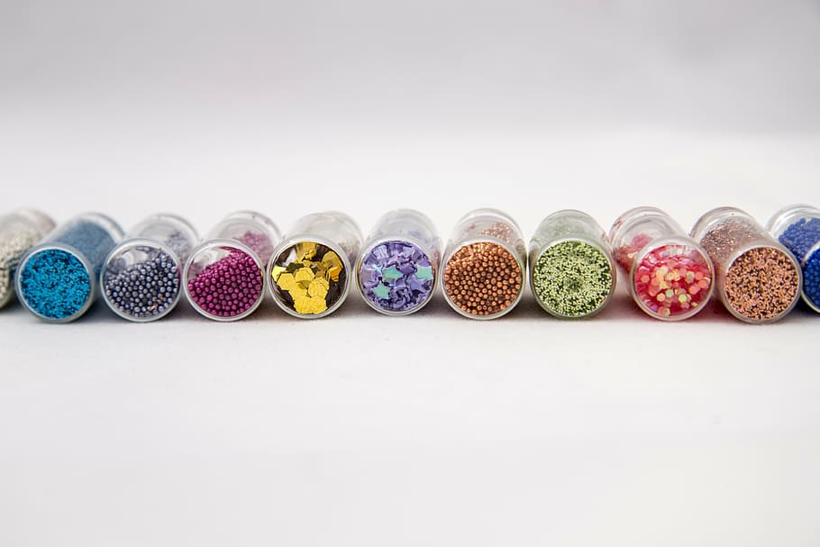 assorted-color bead containers, jars, tinsel, capacity, manicure, HD wallpaper