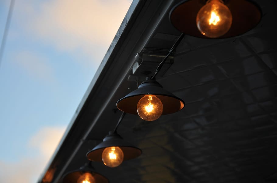 orange lighted bulbs under roof, four orange light bulbs, lamp, HD wallpaper