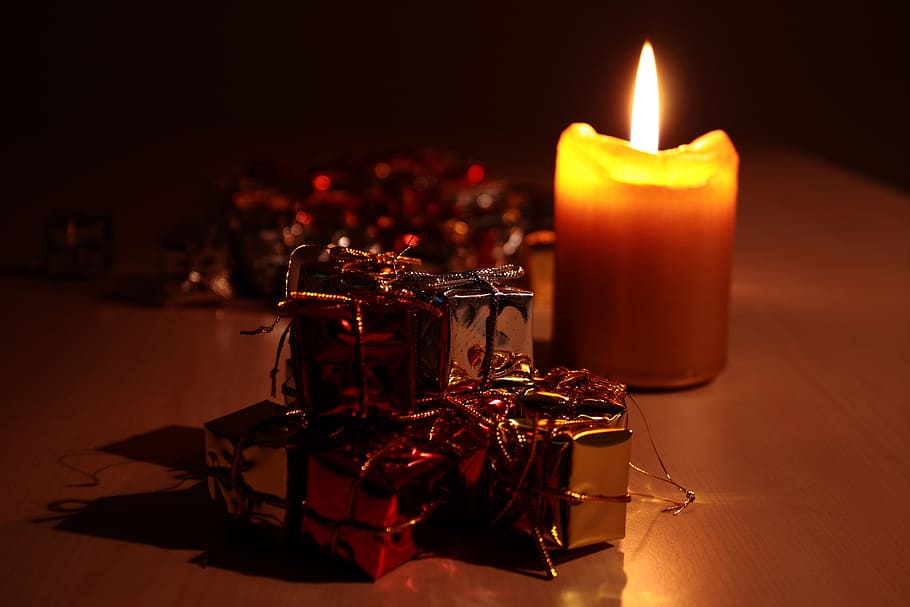 brown candle on table, bill, light, package, made, christmas HD wallpaper