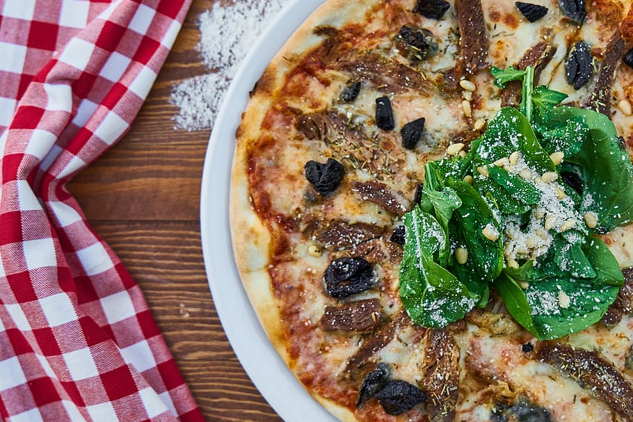 pizza, plate, dough, italian, italy, table, flour, food, healthy eating, HD wallpaper