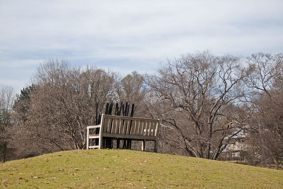 sculpture, bench, art, park, lawn, green, trees, sky, cloudy HD wallpaper