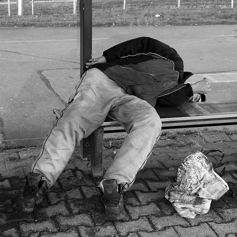 Hd Wallpaper Grayscale Photography Of Man Lying On Bench Homeless Sleeping Wallpaper Flare