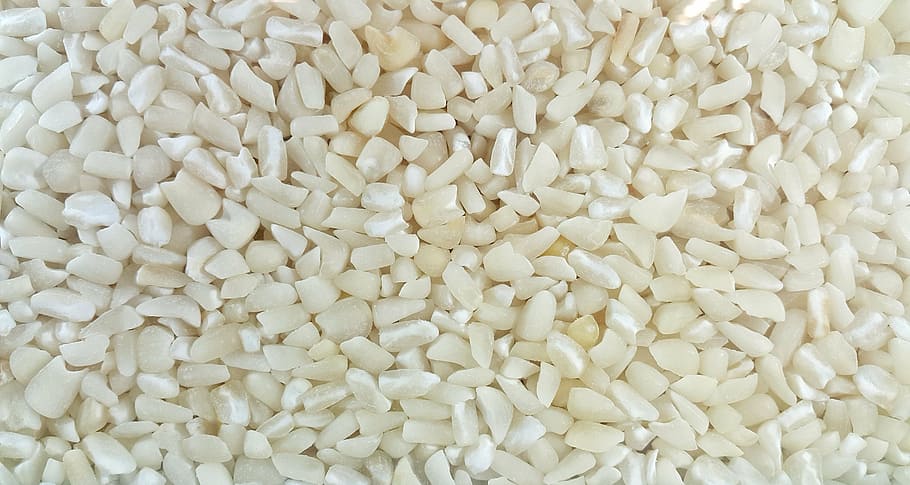 close-up photo of white pebbles, grains, white beans, corn HD wallpaper