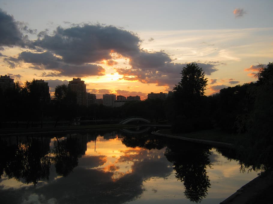 city, sky, sun, clouds, water, park, pond, reflection, landscape HD wallpaper